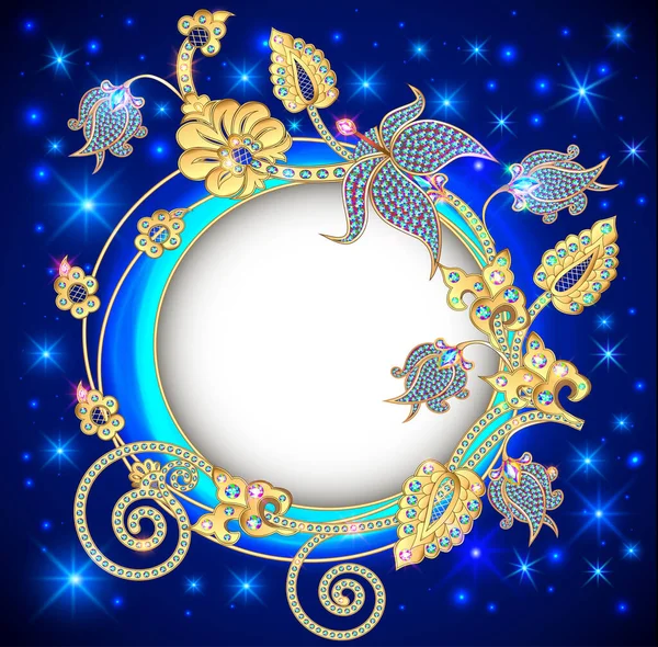 Ilustracja Okrągły Biżuteria Tło Baner Ozdobiony Złotem Produkty Kwiaty Ozdoby — Wektor stockowy