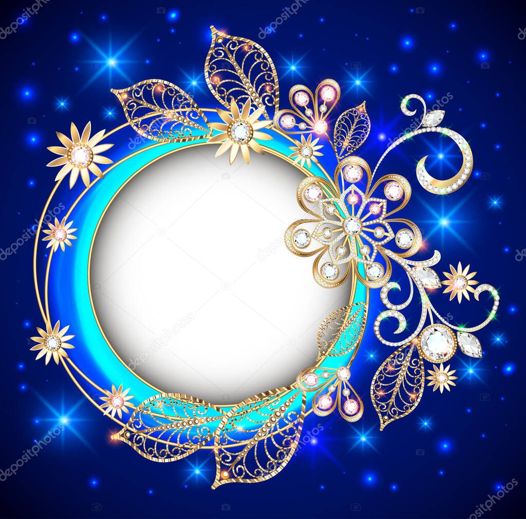 Illustration round, jewelry background banner decorated with gold products, flowers and ornaments in ethnic style with precious stones on a dark glowing background.