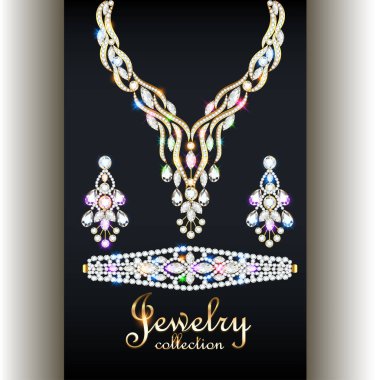 Zarif kolye, küpeler ve değerli taşlı bilezik ve yazılı mücevher koleksiyonu..