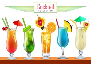 Meyve tüpleri ve şemsiyelerle süslenmiş çeşitli kokteyllerin resim koleksiyonu.