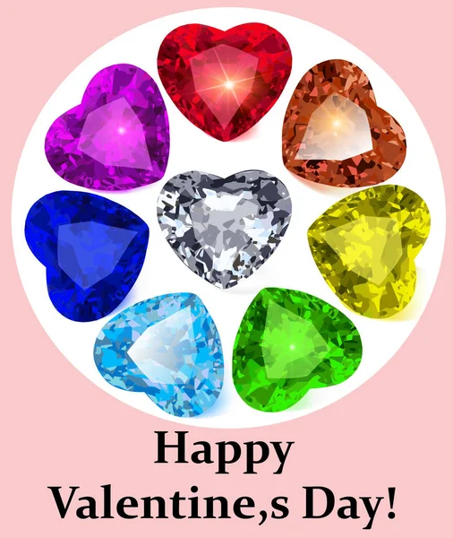 Illustration Postcard Valentine Day Gems Precious Stones Shape Heart Different — Stock Vector