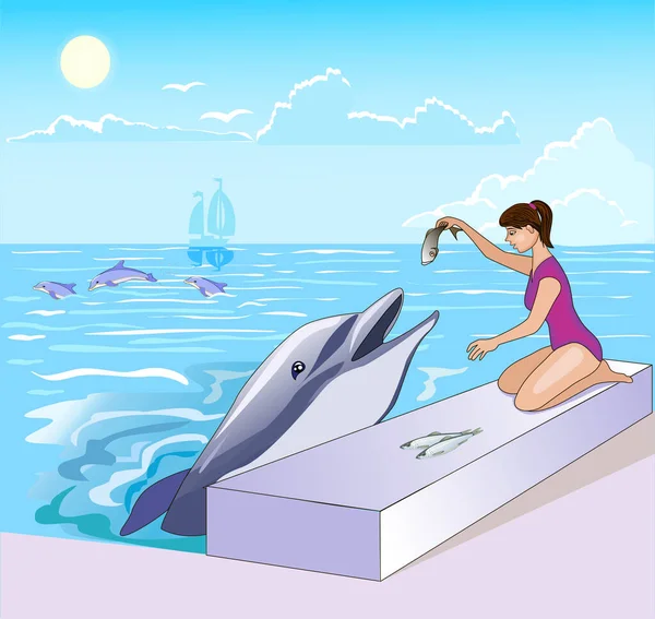 Illusztráció Egy Rajzfilm Lány Etetés Egy Delfin Halakkal Tenger Mellett — Stock Vector