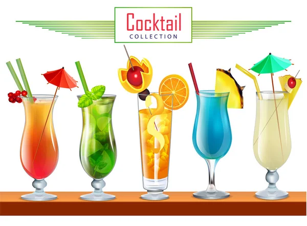 Ilustrační Kolekce Různých Koktejlů Zdobených Ovocnými Trubicemi Deštníky — Stockový vektor