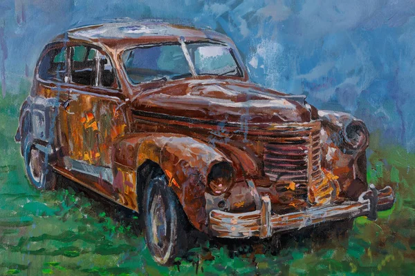 Oil painting of vintage rusty car.