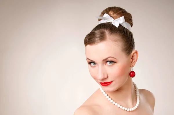 beauty salon, portrait of a female in a studio in a retro style