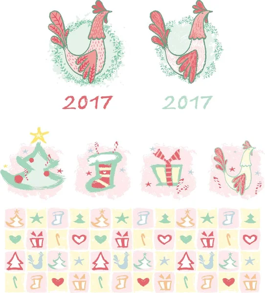 Vektor-Illustration, Handzeichnung eines Hahns, Neujahr. nahtloser Hintergrund — Stockvektor