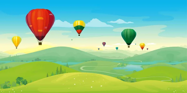 Vector landscape of mountain landscape and river across green fields with color balloons