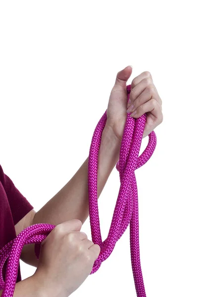 Raspberry rope in female hands — Stock Photo, Image
