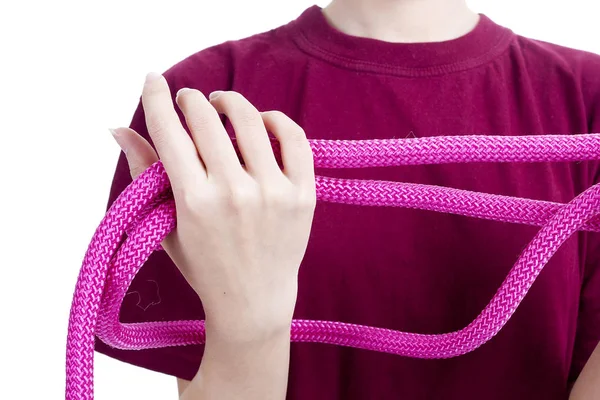 Raspberry rope in female hands — Stock Photo, Image