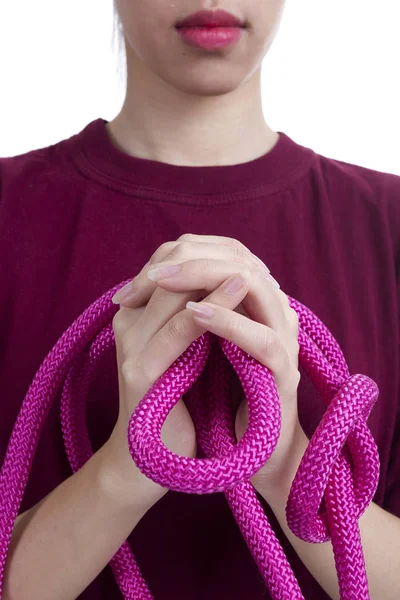 Raspberry rope in female hands — Stock Photo, Image