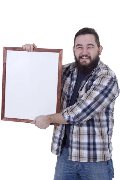 Joyeux homme barbu souriant en chemise à carreaux — Photo