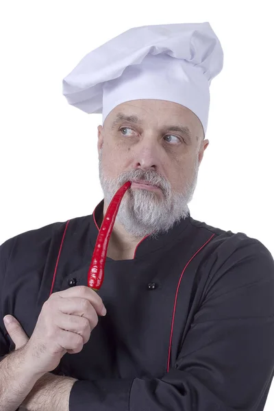 Chef che morde chili — Foto Stock