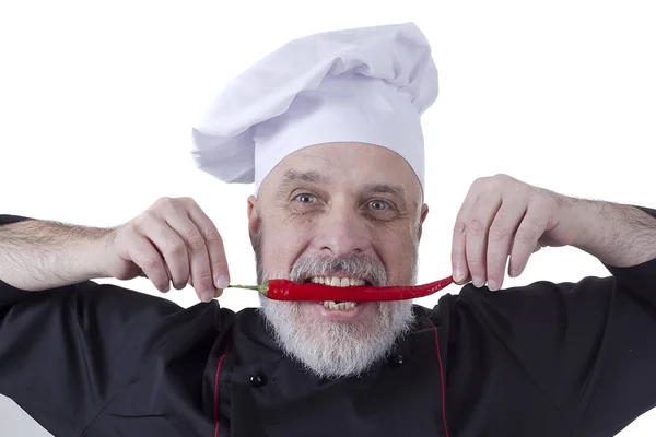 Chef che morde chili — Foto Stock