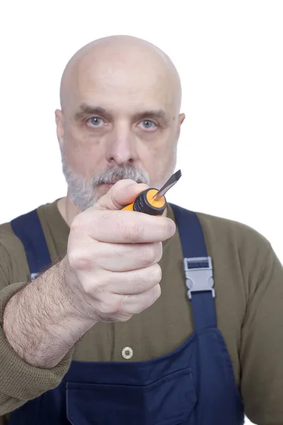 Homem barbudo com uma chave de fenda — Fotografia de Stock