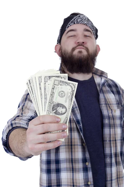 Young bearded man holding money — Stock Photo, Image