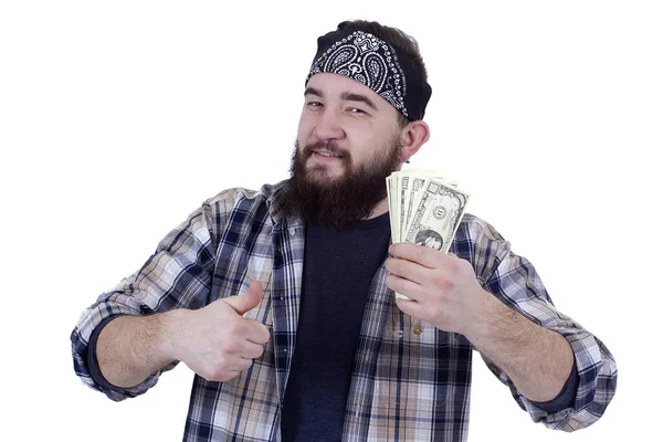 Молодий чоловік тримає гроші з великими пальцями вгору — стокове фото