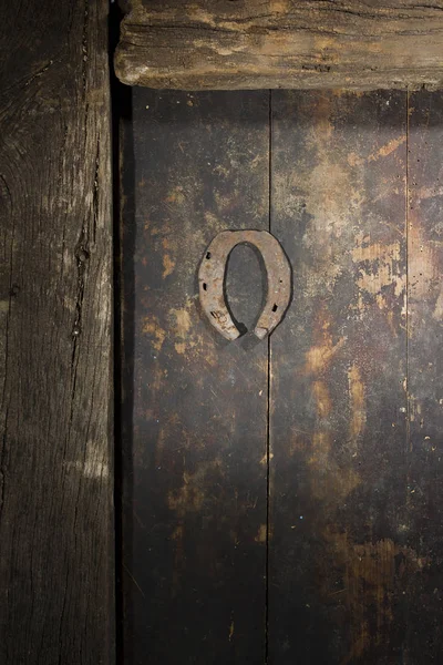 Rostig hästsko på den gamla dörren — Stockfoto