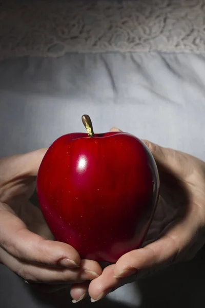 Roter reifer Apfel in den Händen — Stockfoto