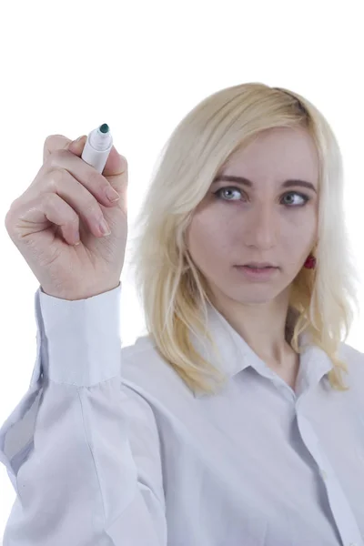 Young business woman with a felt-tip pen in her hand — Stock Photo, Image