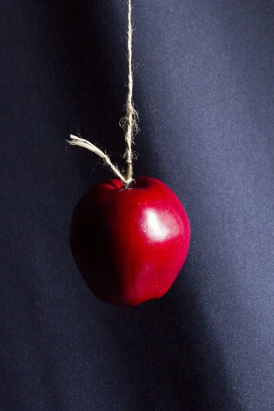 Red ripe apple on a rope — Stock Photo, Image