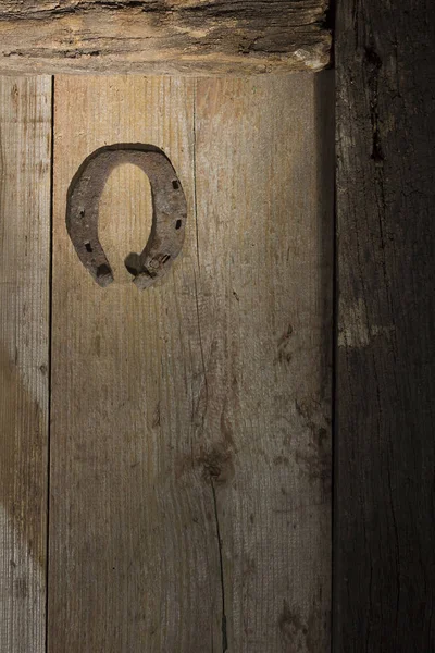 Rostiges Hufeisen an der alten Tür — Stockfoto