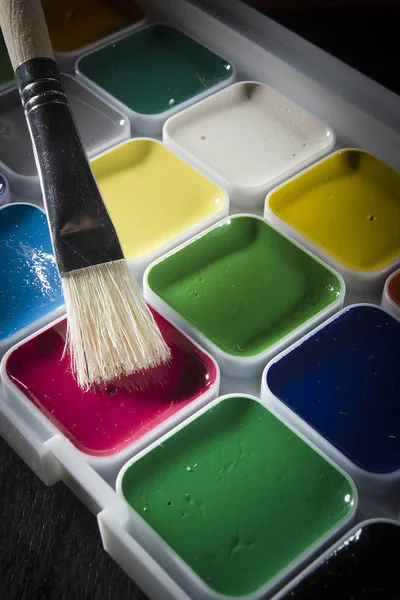 Renkli suluboya ve bir fırça — Stok fotoğraf