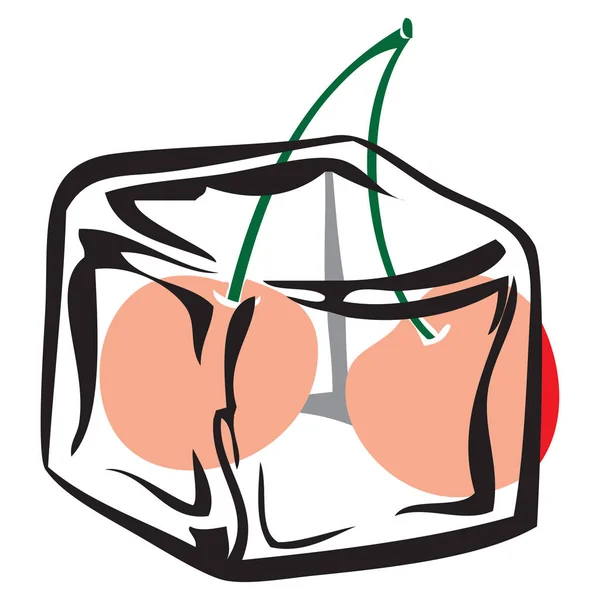 Cubo de hielo con cereza — Vector de stock