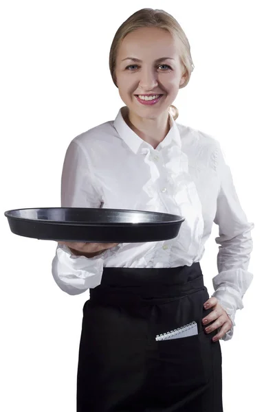 Girl waitress with a tray — Stock Photo, Image