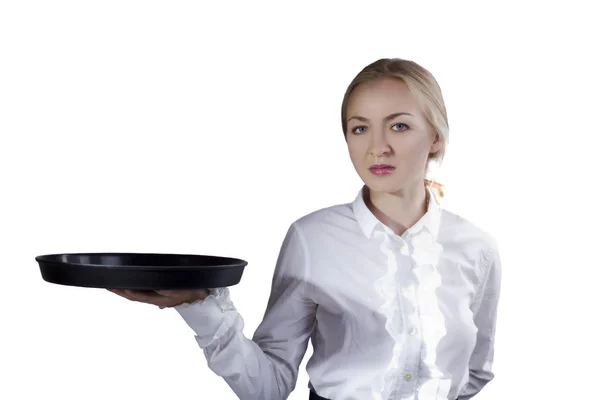 Chica camarera con una bandeja — Foto de Stock