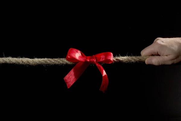 Hands Man Pulling Rope Black Background — Stock Photo, Image