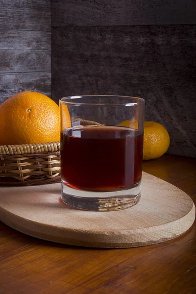 Wine Tangerines Oranges Wooden Table — Stock Photo, Image