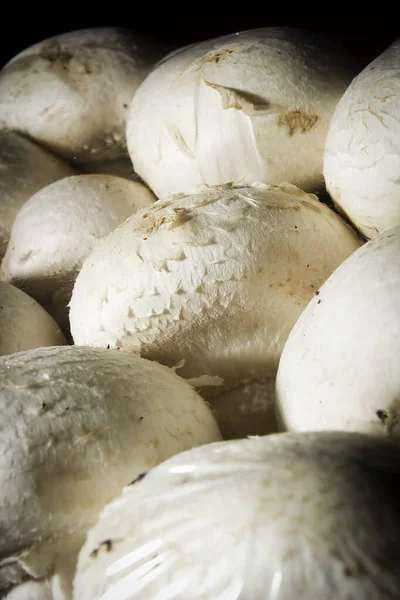 Frische Champignon Pilze Auf Einem Schwarzen Tablett — Stockfoto