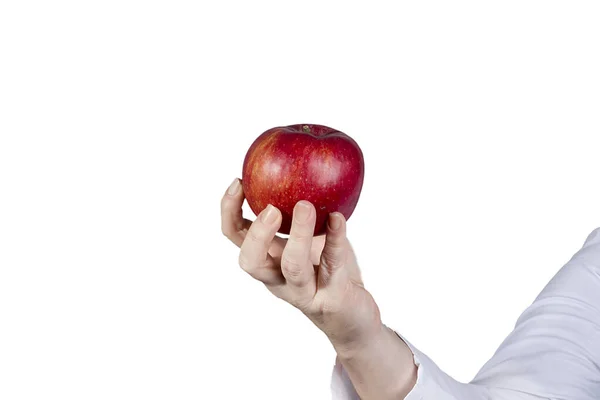 Hand Hand Weißen Mantel Mit Einem Apfel — Stockfoto