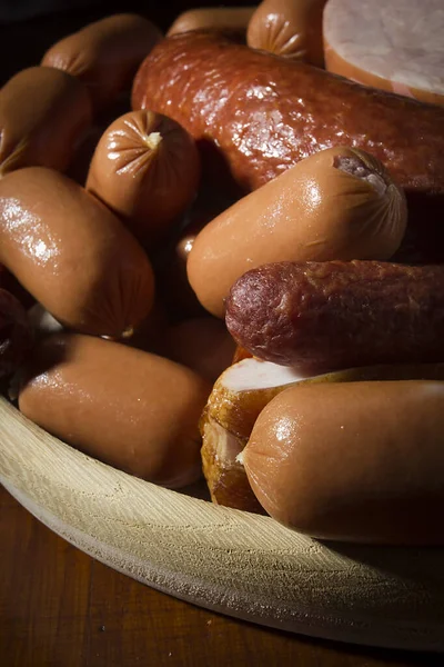 Set Various Sausages Wooden Plate — Stock Photo, Image