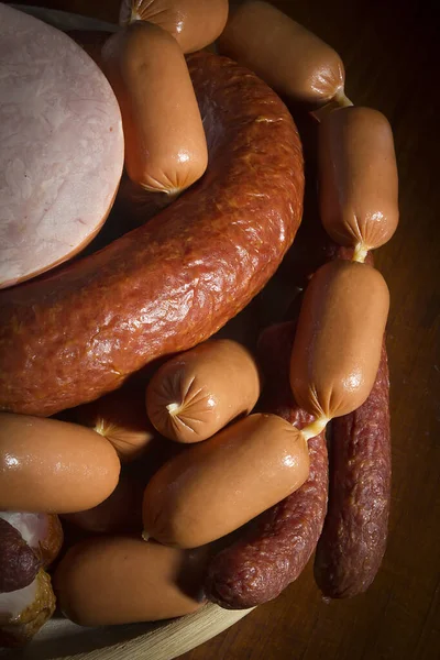 Set Various Sausages Wooden Plate — Stock Photo, Image