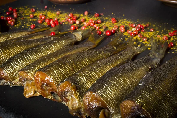 Smoked Little Fish Black Stone Board — Stock Photo, Image