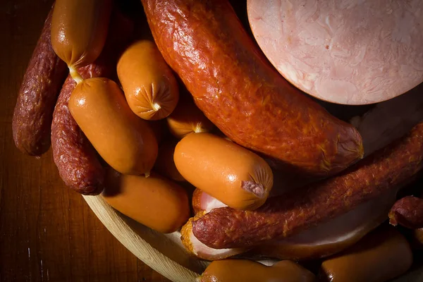 Set Various Sausages Wooden Plate — Stock Photo, Image