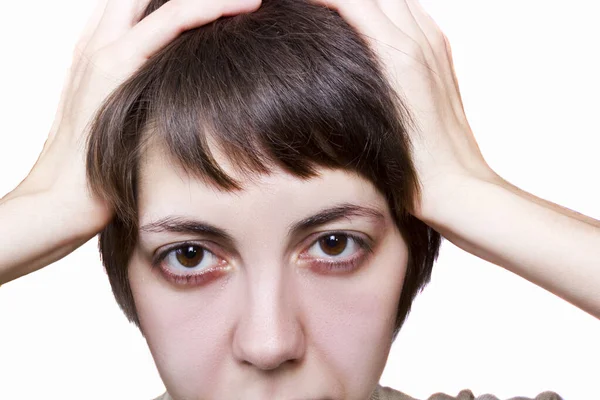 Retrato Uma Jovem Mulher Que Tem Dor Cabeça — Fotografia de Stock