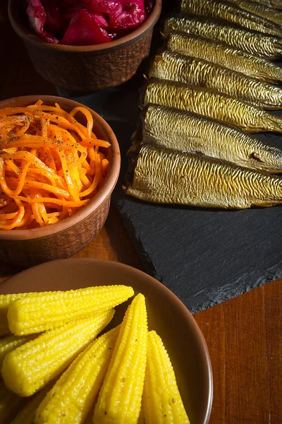 Smoked Little Fish Black Stone Board — Stock Photo, Image