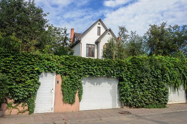 Small white two-storied residential house, fence with hops clipart