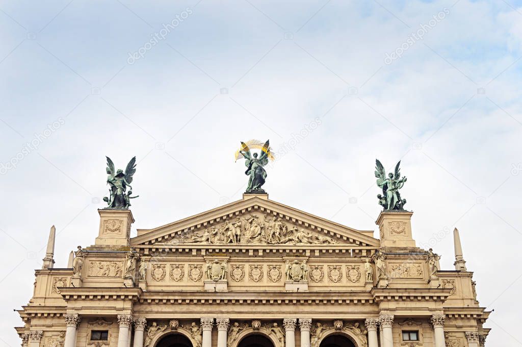 Pediment of opera theater in Lviv, Ukraine