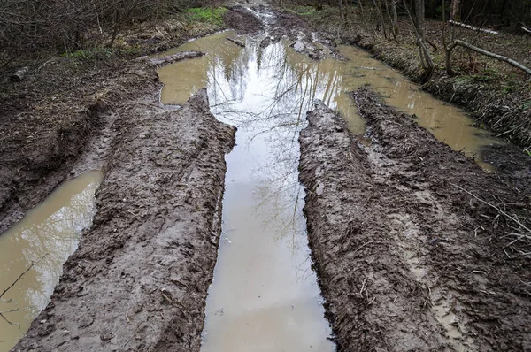 大きな泥水たまりの未舗装の道路上 — ストック写真