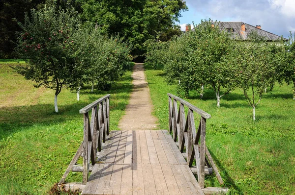 Malé pěší dřevěný most ve starém parku — Stock fotografie