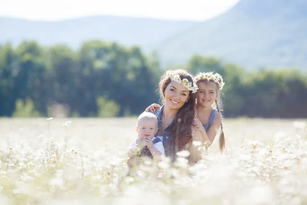 Mãe com crianças em um campo de verão de margaridas florescentes — Fotografia de Stock