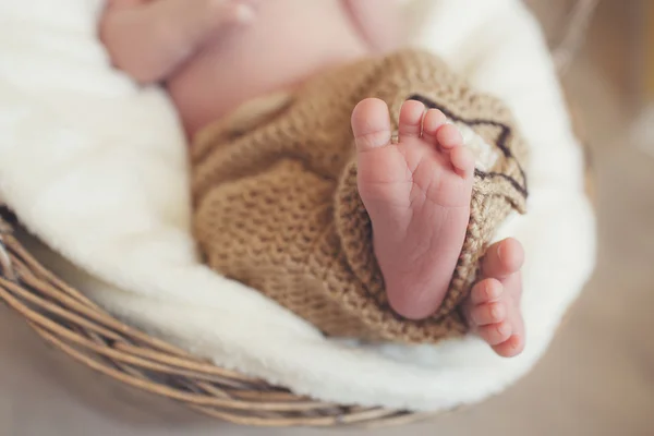 Primer plano de las piernas de un recién nacido, durmiendo en una canasta de mimbre — Foto de Stock
