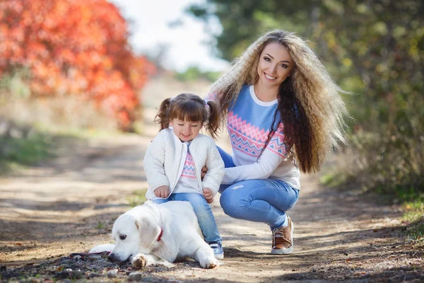 Madre joven con niña y perro paseando en otoño Park —  Fotos de Stock