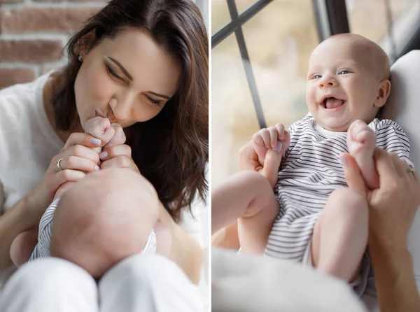 A collage of two photos happy mother and baby — Stock Photo, Image