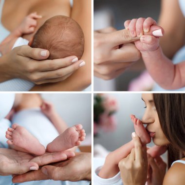Anne ve bebeğin vücut parçalarının dört fotoğraflardan oluşan bir kolaj