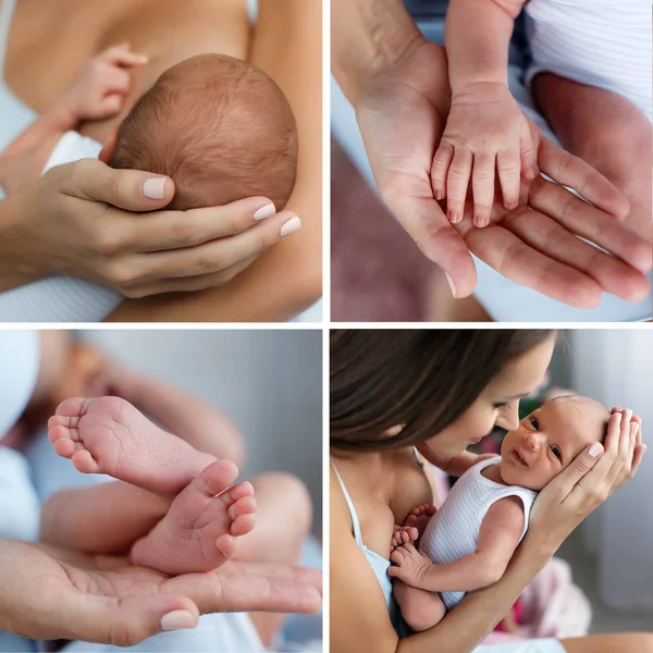 Eine Collage aus vier Fotos von Körperteilen der Mutter und des Babys — Stockfoto