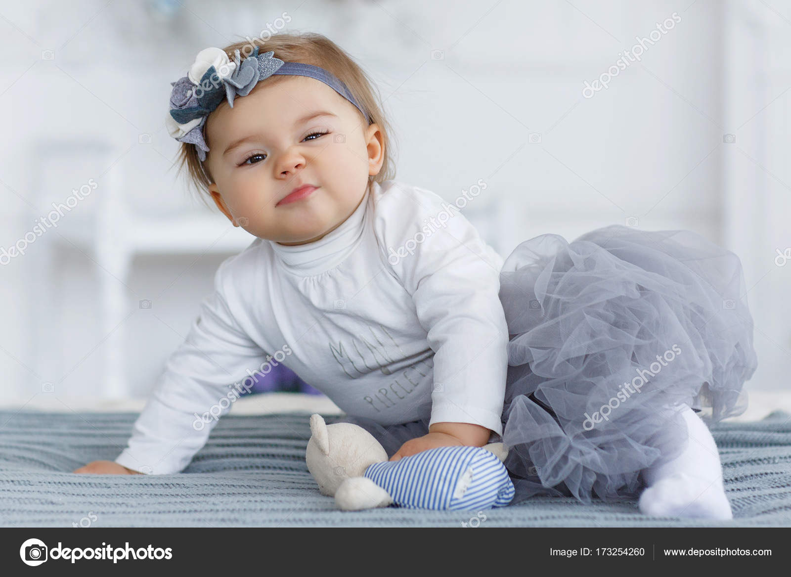 Little Girl Brown Eyes Red Hair Head Wearing Gray Blue Stock